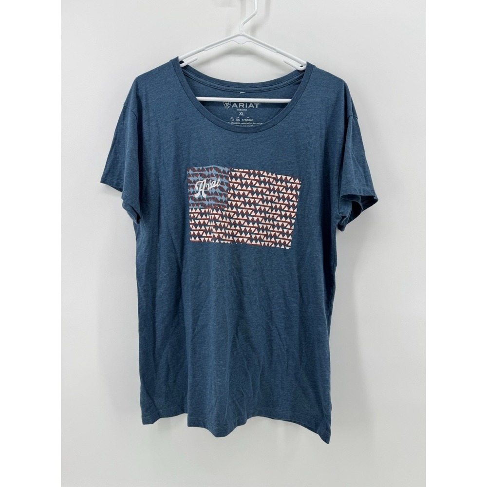 Ariat‎ Shirt Womens XL Flag Print Crewneck Tee Blue Short Sleeve
